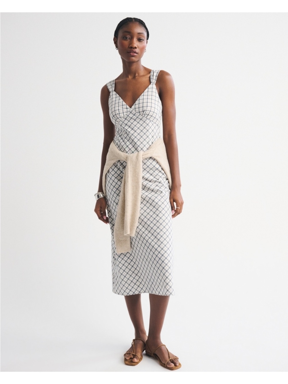Abercrombie & Fitch White and Black Checked V-Neck Midi Dress